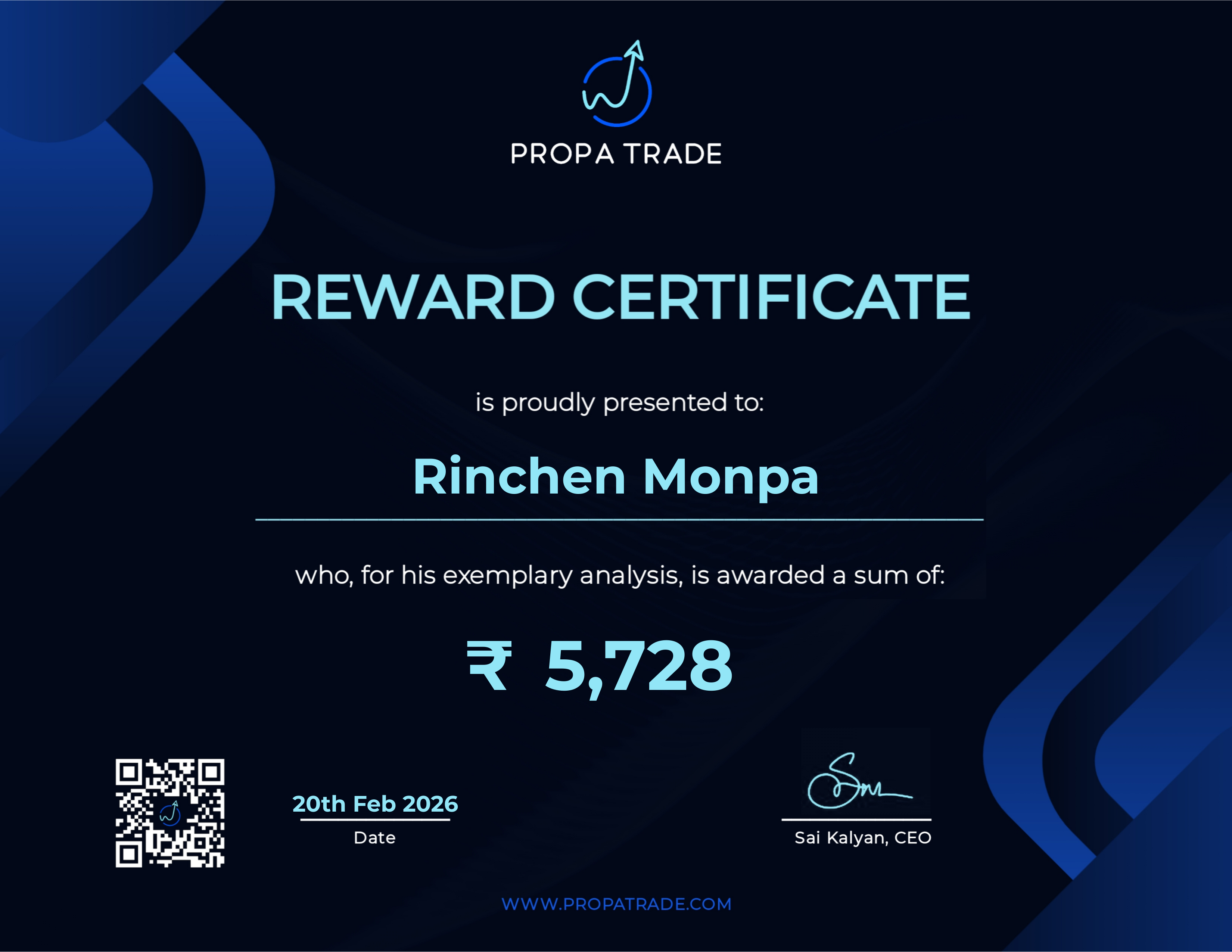 Reward Certificate - Rinchen Monpa